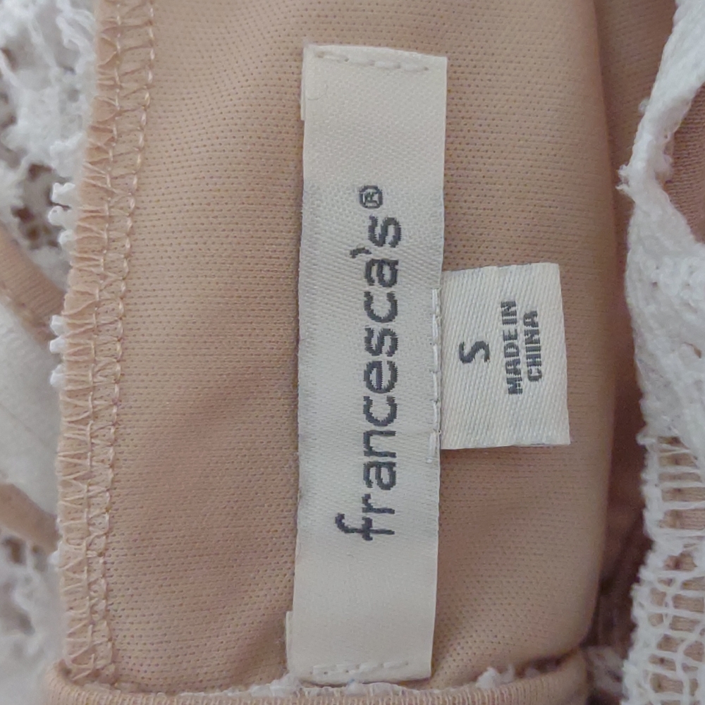 FREE w/ Bundle Francesca's Tan Dress White Lace Overlay & Cutout Chest Small - Picture 13 of 15